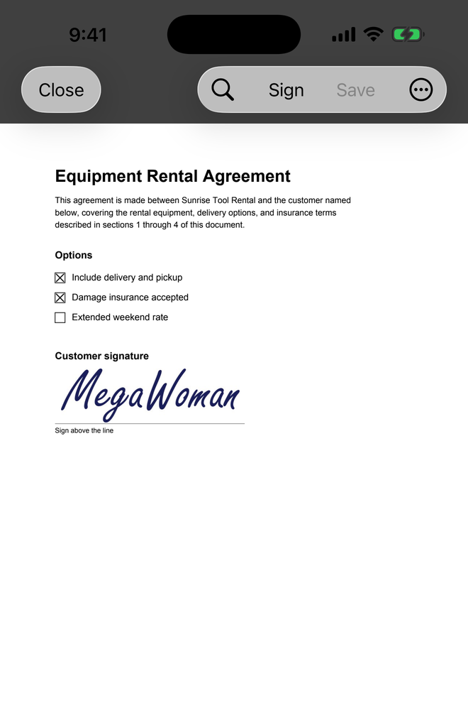 MegaPDF on iPhone showing a rental agreement with checked boxes and a signature