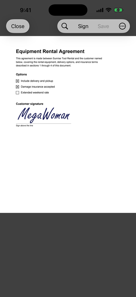 A rental agreement with two checked boxes and a handwritten MegaWoman signature