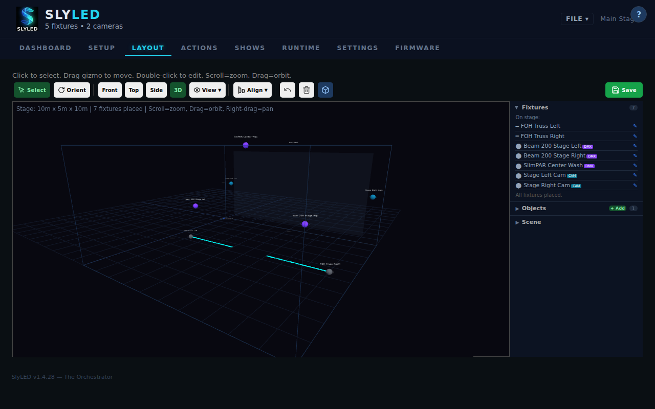 3D Stage Layout with beam cones, aim spheres and stage objects